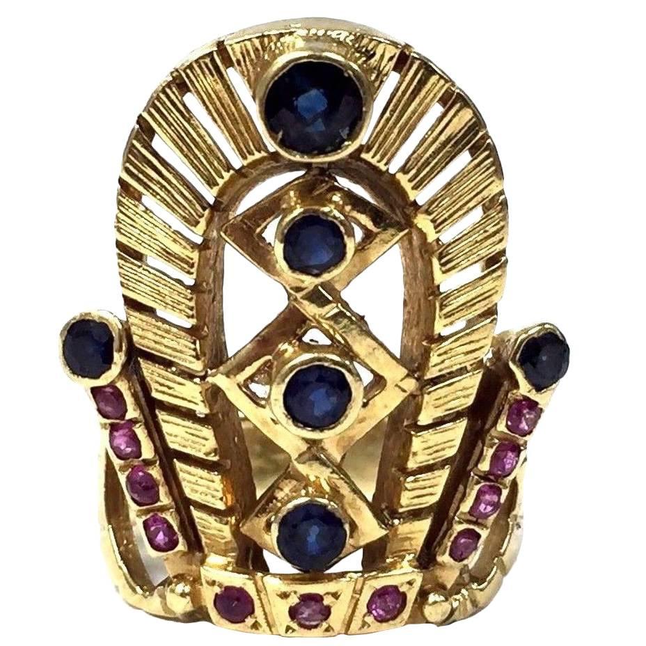 18kt Gold Blue Sapphire and Ruby Egyptian Headdress Crown Ring For Sale