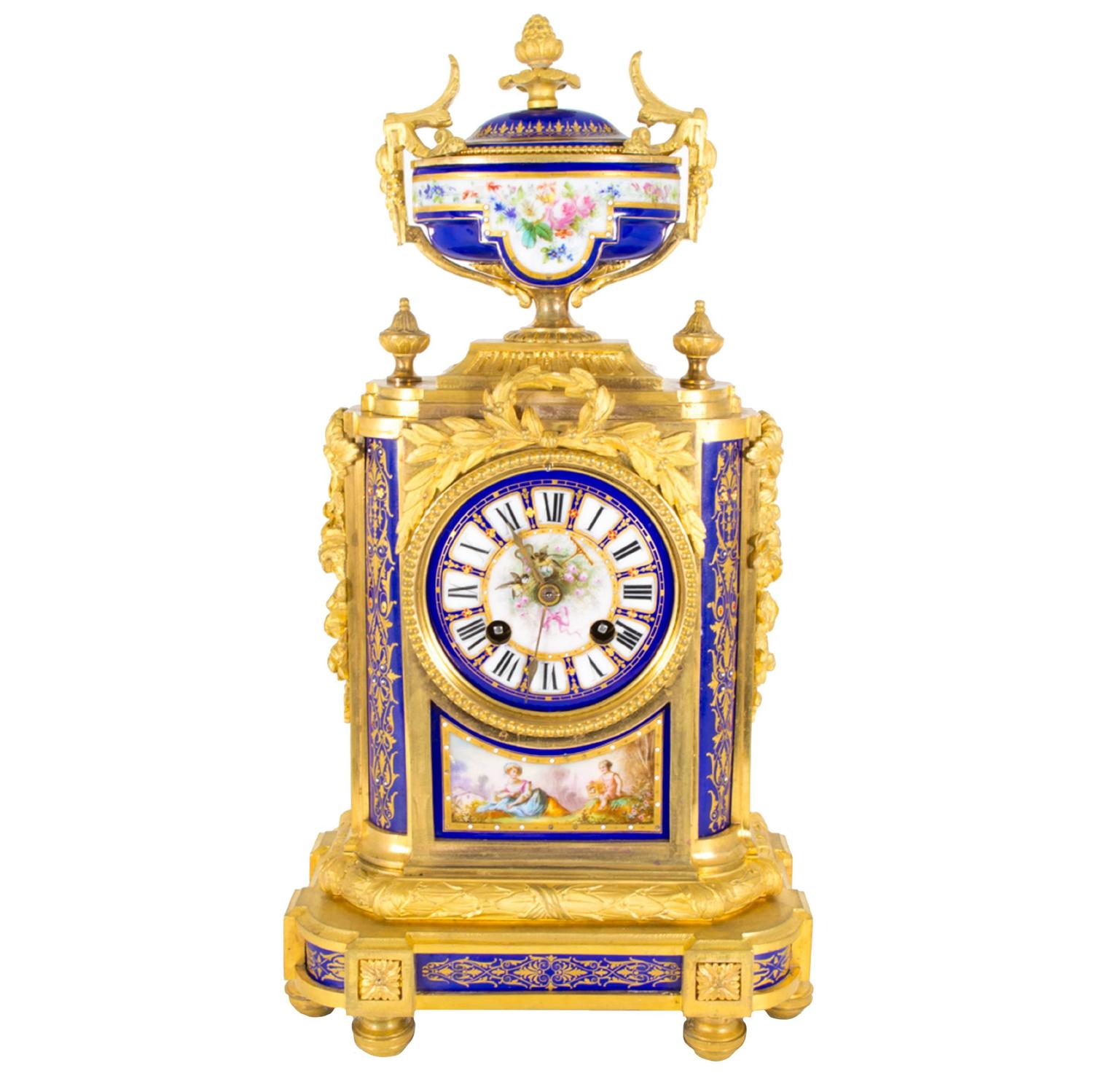 Antique French Ormolu Porcelain Mantel Clock, circa 1860 For Sale at