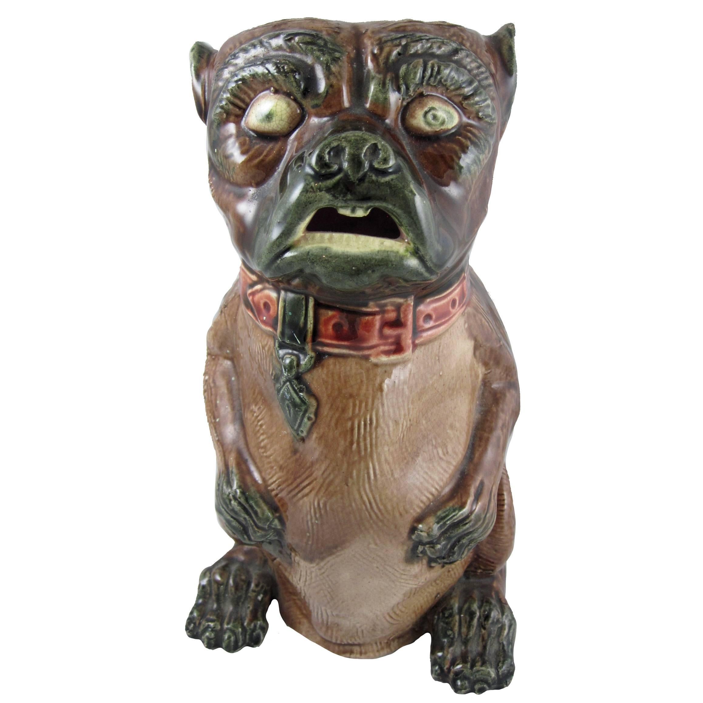 19th Century English Staffordshire Majolica Glazed Seated Pug Dog Pitcher