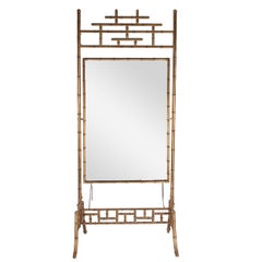 Retro Regency Gold Gilded Faux Bamboo Chinese Chippendale Cheval / Floor Mirror