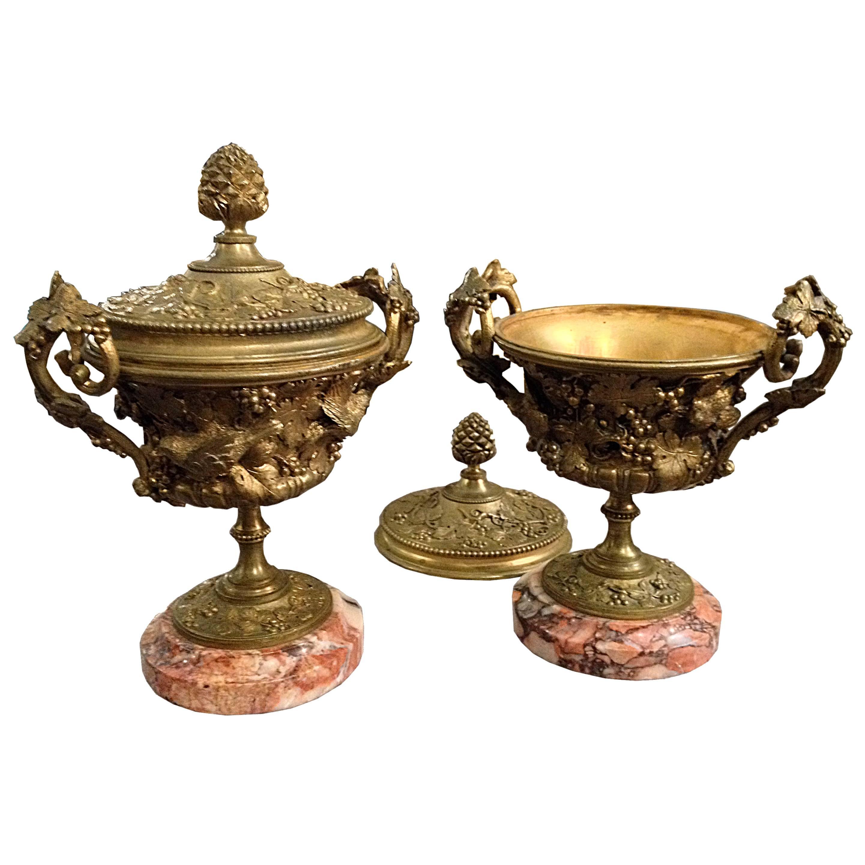 Pair of Decorative Brass Urns and Covers on Marble Bases