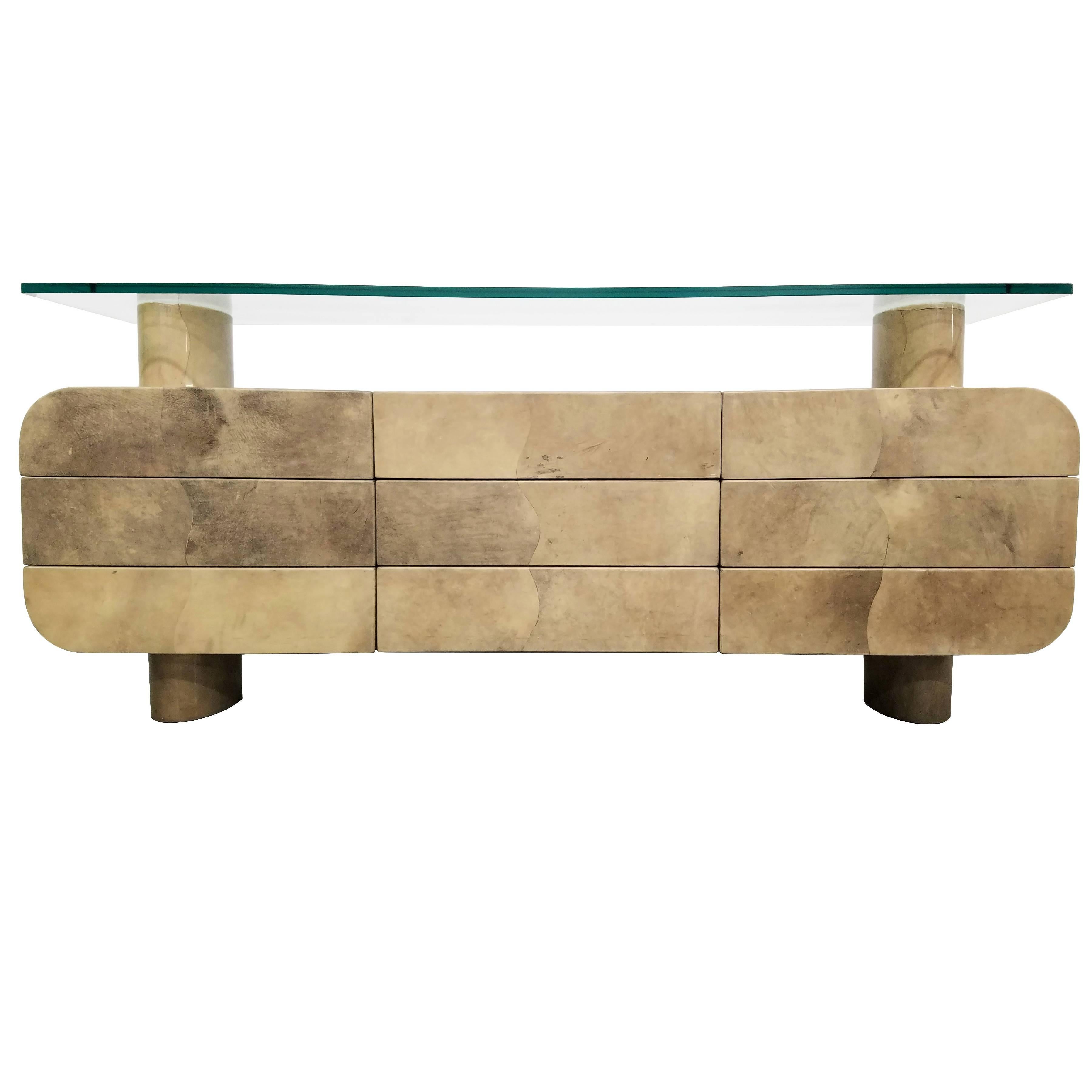 Glorious Italian Lacquered Goatskin Console Credenza by Aldo Tura