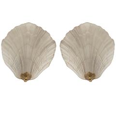 Pair of Lalique Frosted Shell and Bronze Maple Leaf Sconces