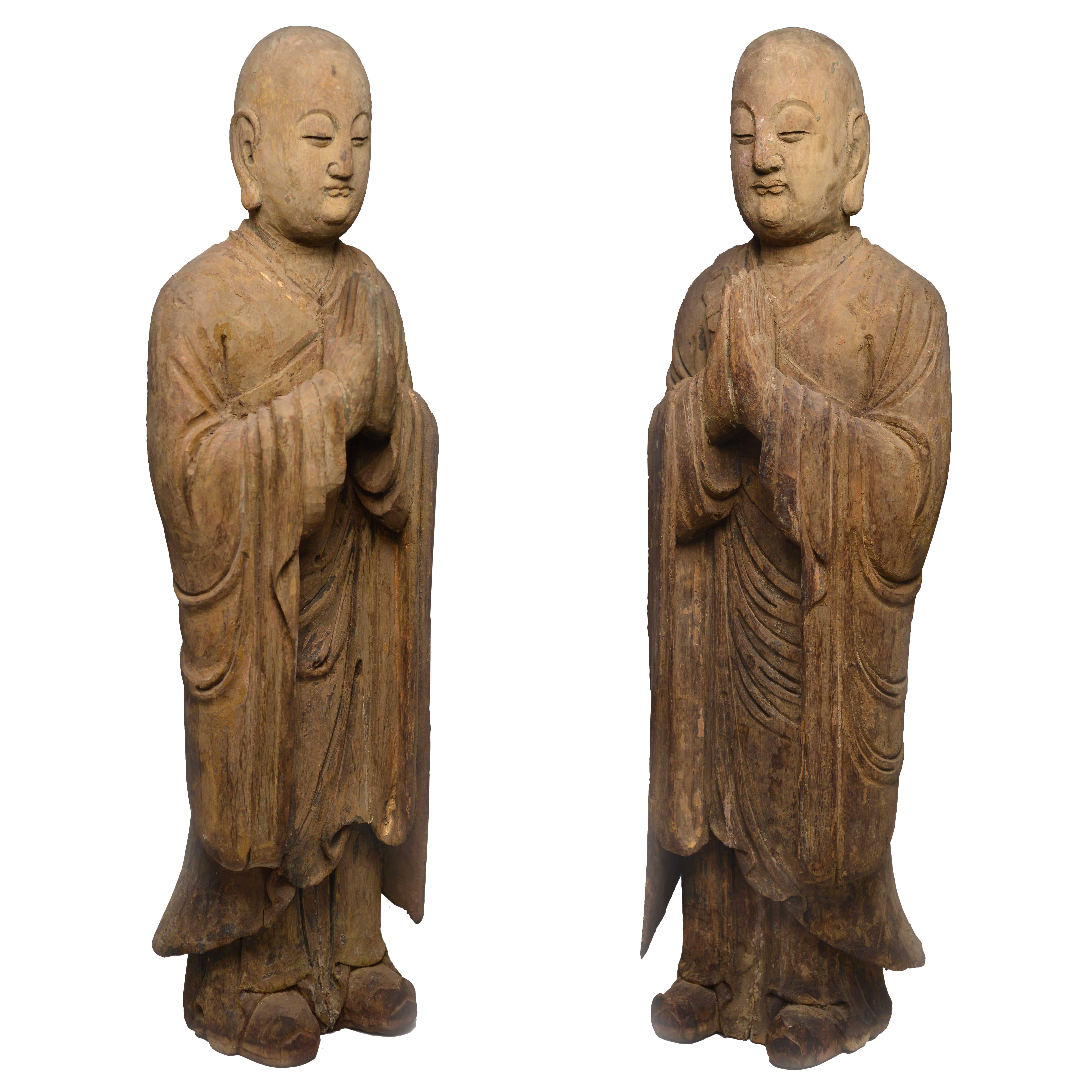 Pair of Wood Figures of a Luohan For Sale