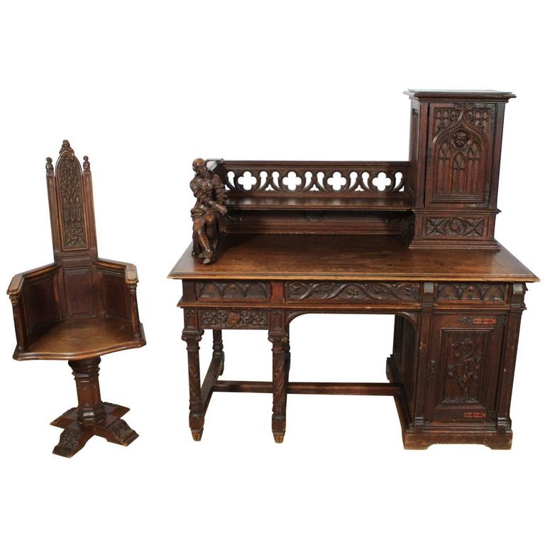 Gothic Desk And Chair Alphonse De Tombay Dated 1891