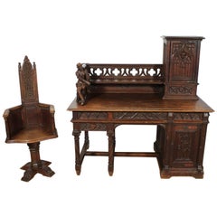 Gothic Desk and Chair, Alphonse De Tombay Dated 1891