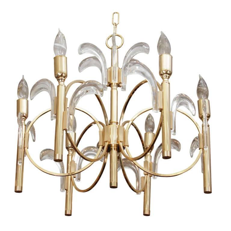 Spectacular Brass and Glass Chandelier by Gaetano Sciolari For Sale
