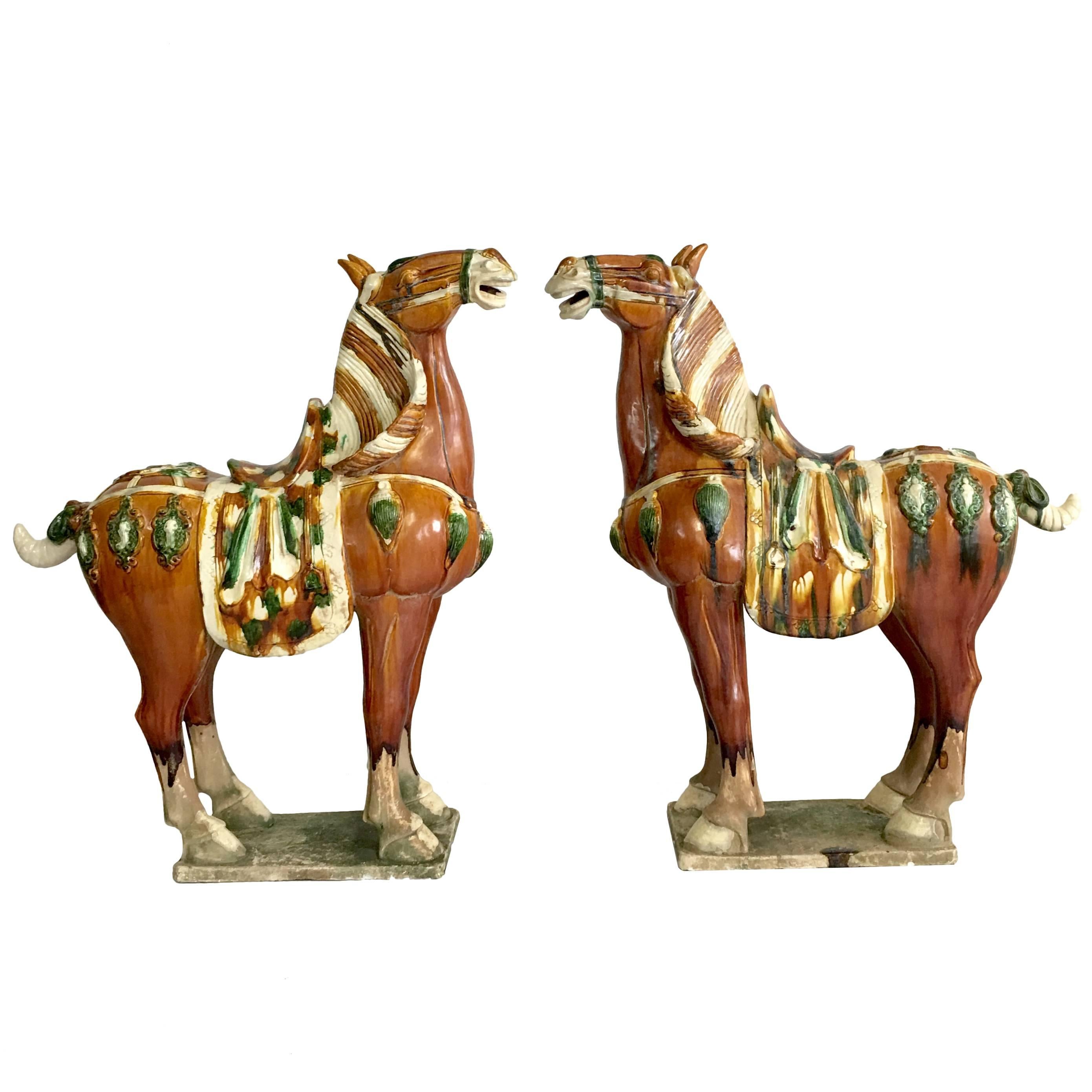 Mid-20th Century Pair of Tang Style Floor Size Sancai Glazed Terracotta Horses For Sale