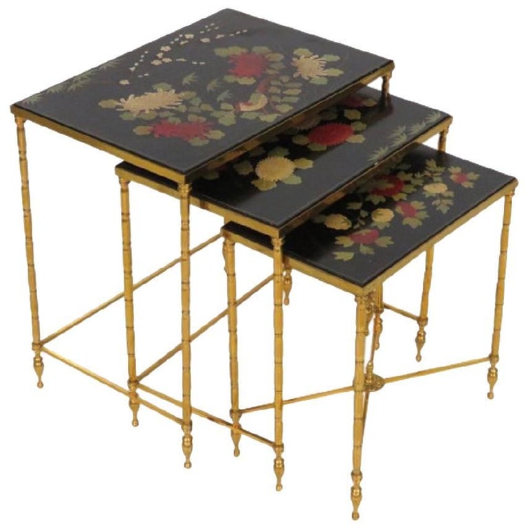 Set Brass French Maison Bagues Style Faux Bamboo Form Chinoiserie Nesting Tables For Sale