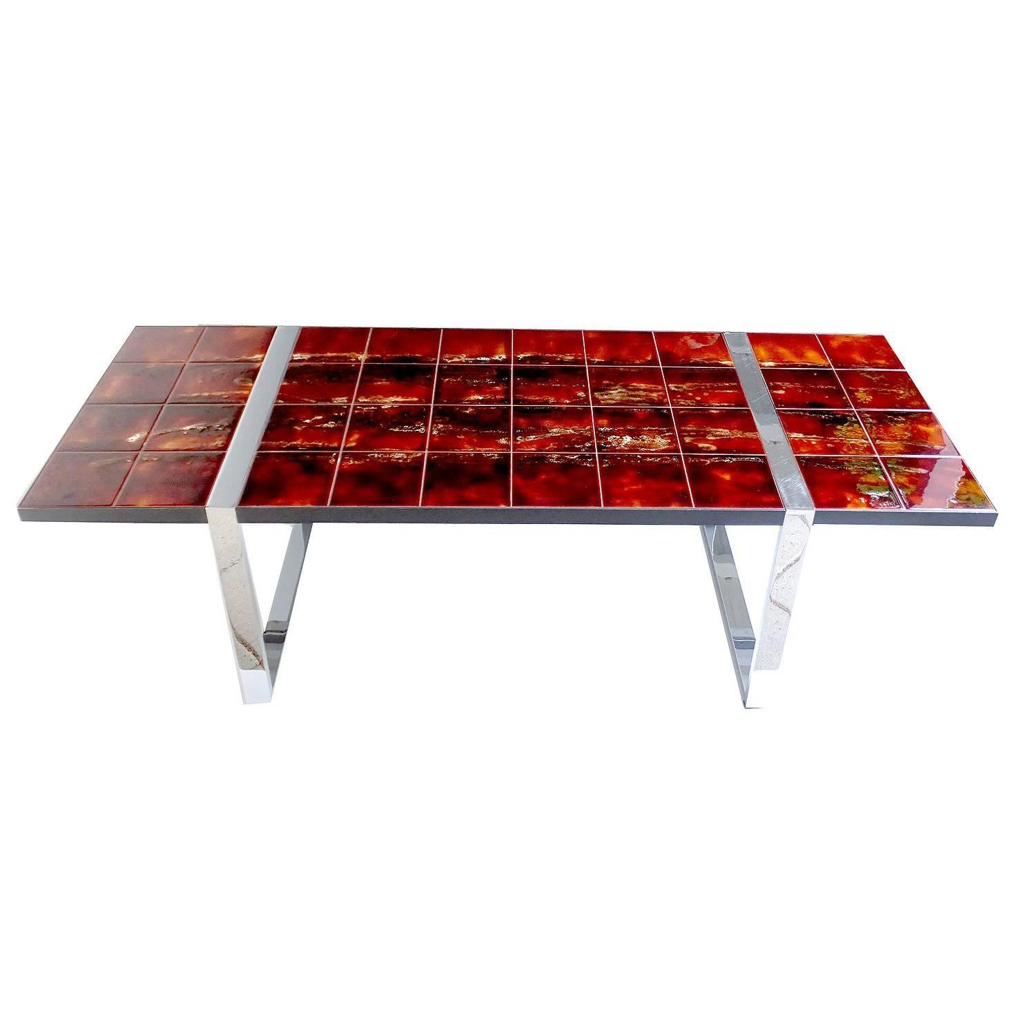 Large Belarti MidCentury Ceramic Tile Side Coffee Table,  1960s Capron Style For Sale