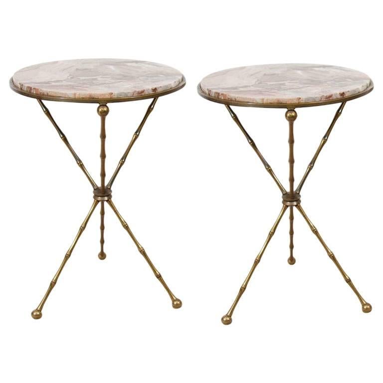 Pair of Fantastic Faux Bamboo Bronze and Marble Cocktail or Side Tables For Sale