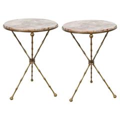 Pair of Fantastic Faux Bamboo Bronze and Marble Cocktail or Side Tables