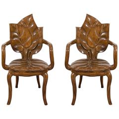 Beautiful Pair of Sculptural Carved Leaf Motif Armchairs or Side Chairs