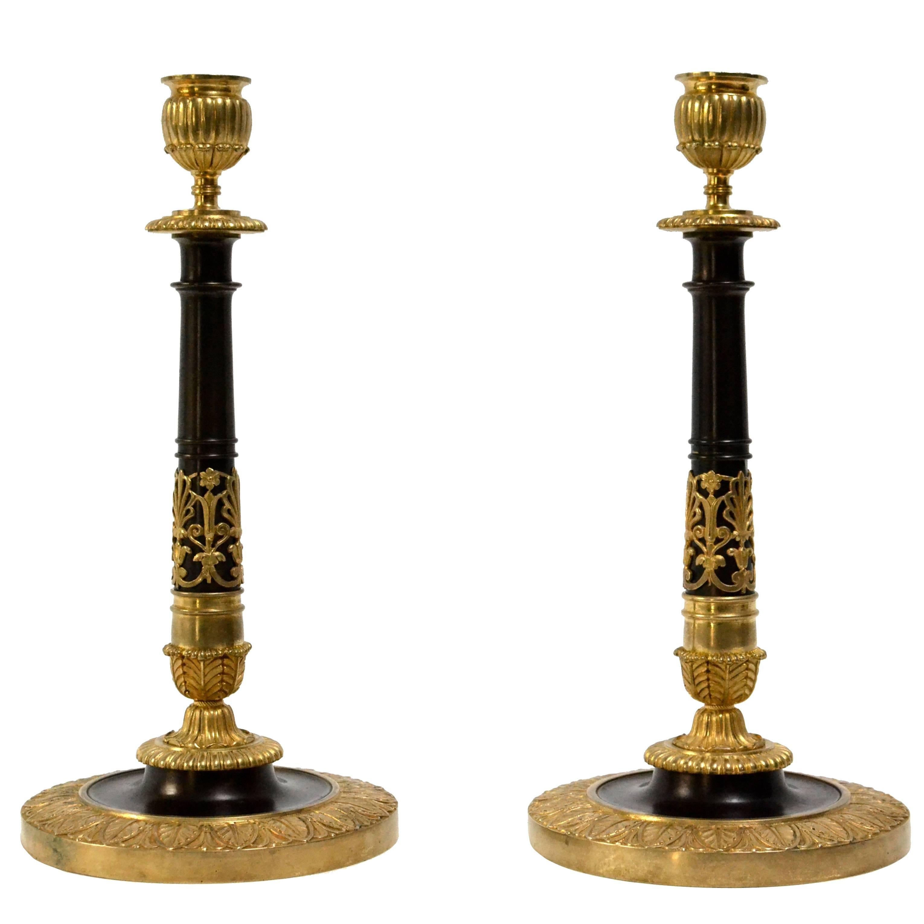 Pair of Gilt and Patinated Bronze Candlesticks, Early 19th Century