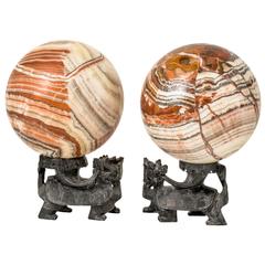 Pair of Large Marble Specimen Spheres on Stands