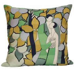 Vintage Christian Fischbacher Green Silk Scarf and Irish Linen Cushion Pillow