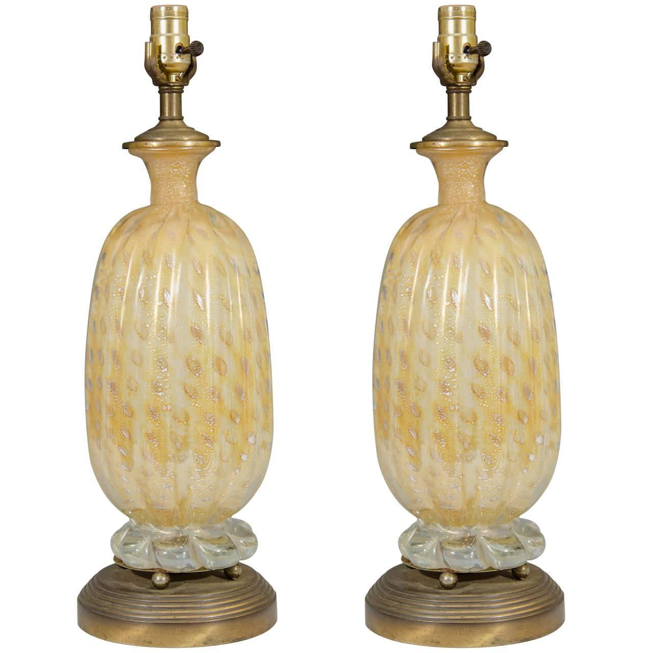 Pair of Stunning Seguso Gold Color Murano Glass Table Lamps For Sale