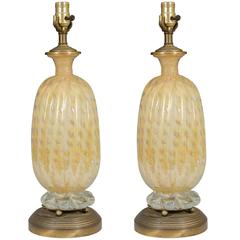 Pair of Stunning Seguso Gold Color Murano Glass Table Lamps