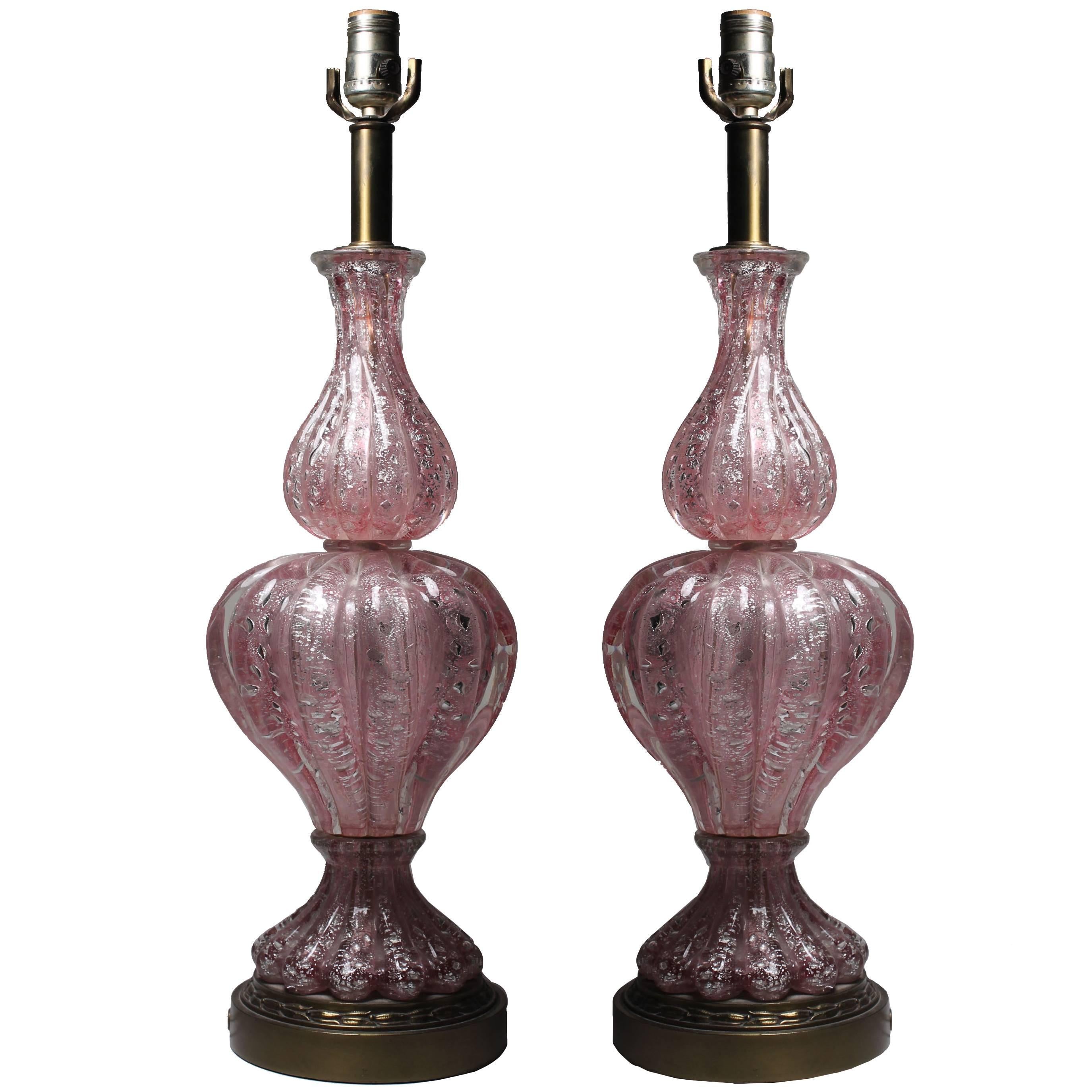 Pair of Vintage Pink Murano Glass Lamps with Silver Foil by Barovier