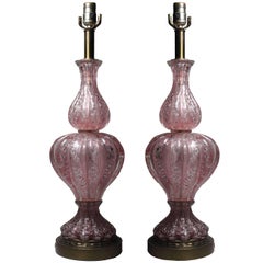 Pair of Vintage Pink Murano Glass Lamps with Silver Foil by Barovier