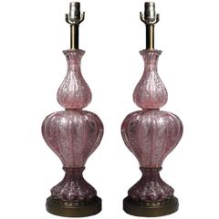 Pair of Vintage Pink Murano Glass Lamps with Silver Foil by Barovier 8