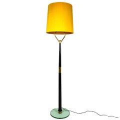 1940´s Standing Lamp, mahogany, polished brass, thick glass, golden silk- Italy 