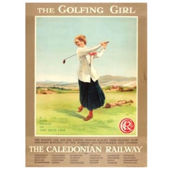 Affiche publicitaire originale vintage de voyage en chemin de fer de Caledonie « The Golfing Girl »