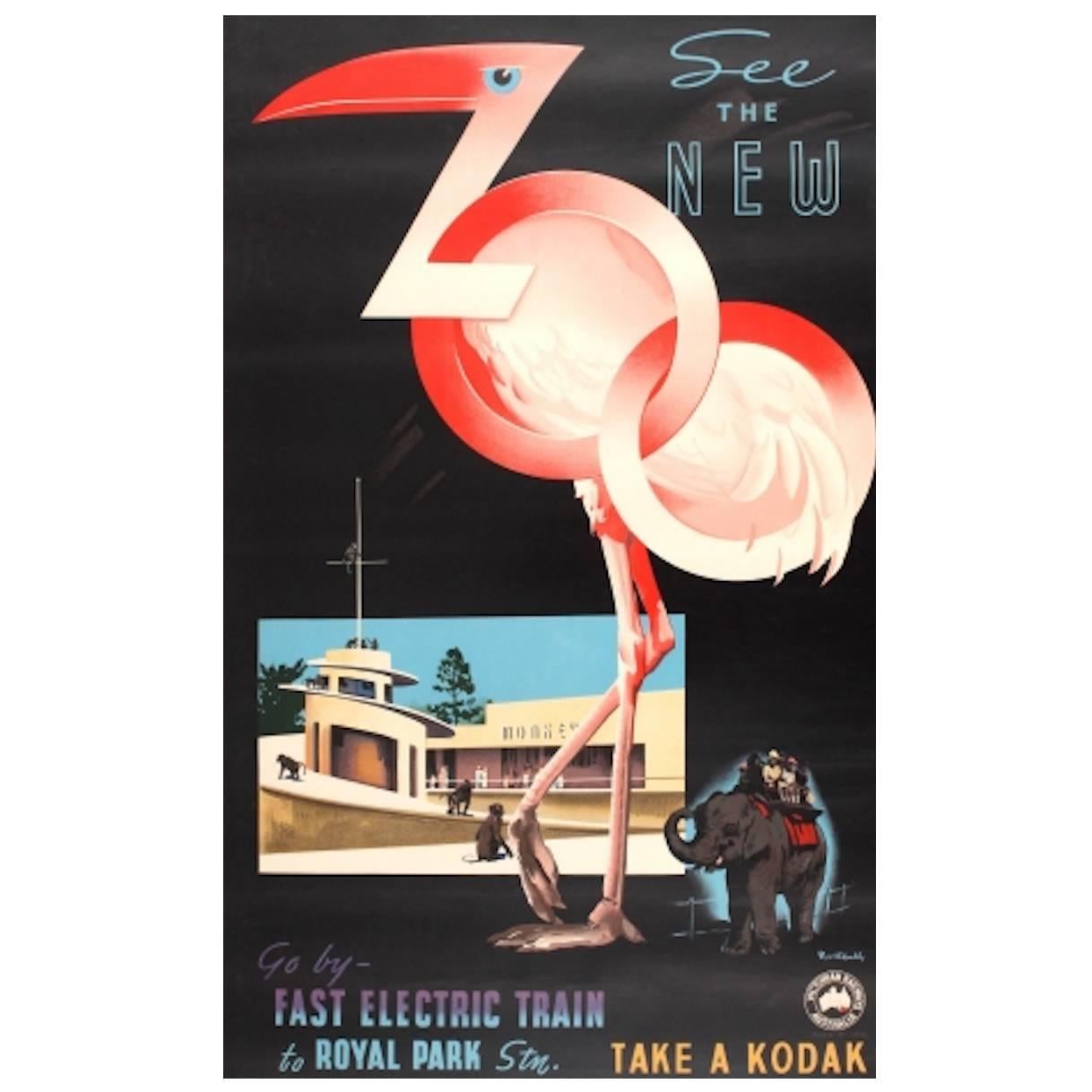 Original Vintage Art Deco Poster See The New Zoo Victorian Railways Australia