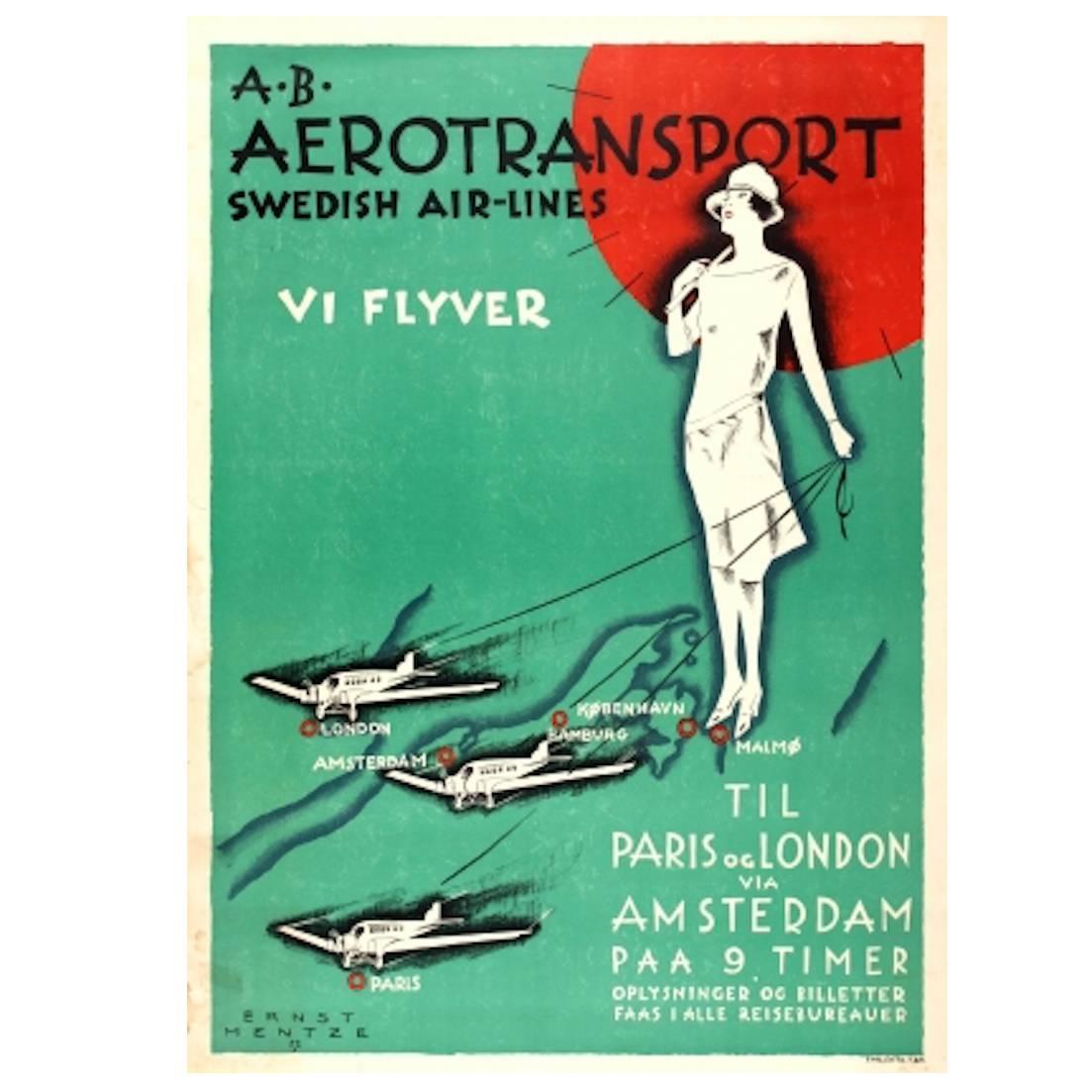 Original Vintage Art Deco Style Poster Aerotransport Swedish Airlines VI Flyver
