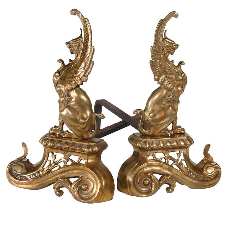 French Brass Griffin Andirons at 1stDibs andirons for sale, antique
