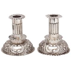 Pair of British Sterling Victorian Capstan Candlesticks in the European Style