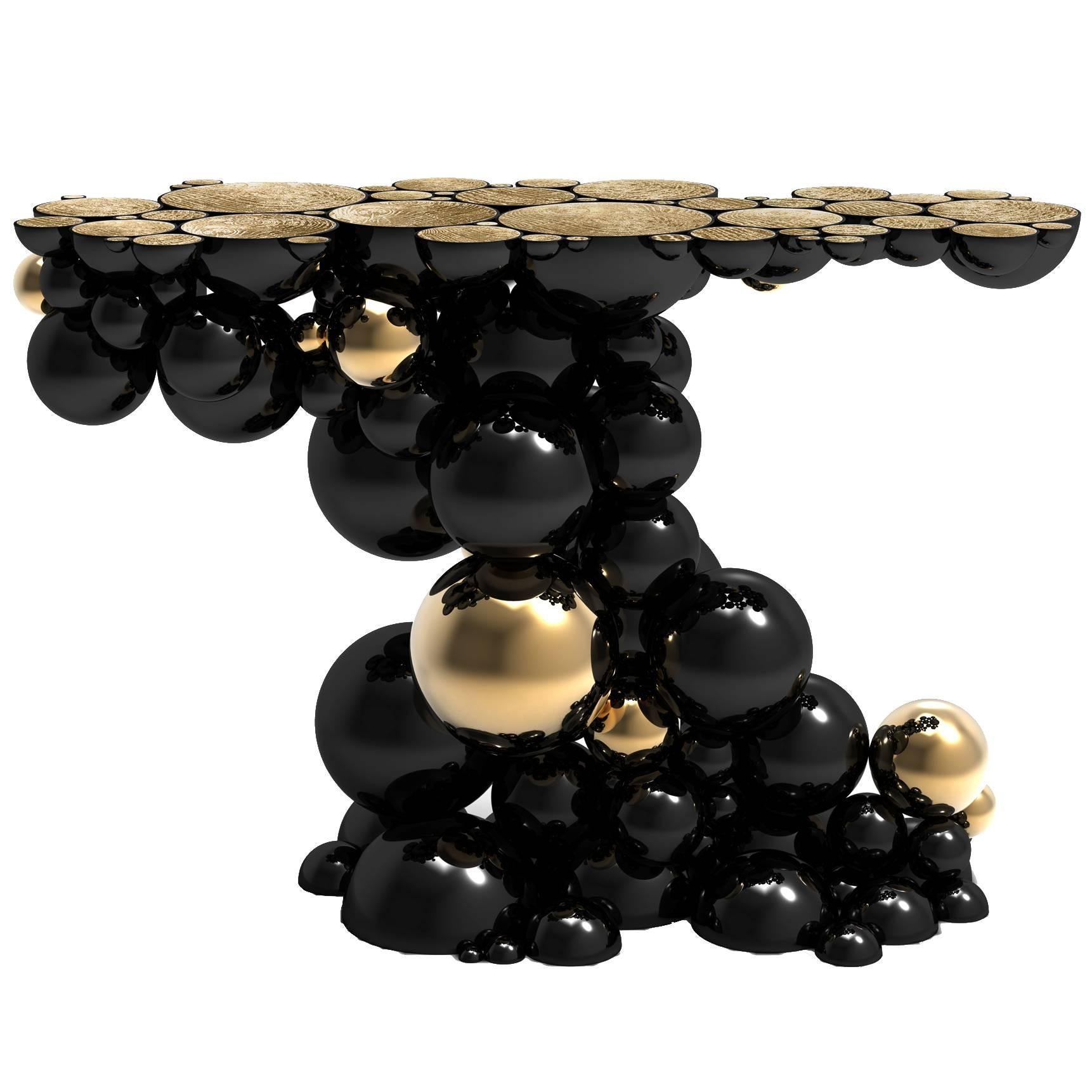 Table console sphériques en aluminium avec sphères noires et dorées en vente