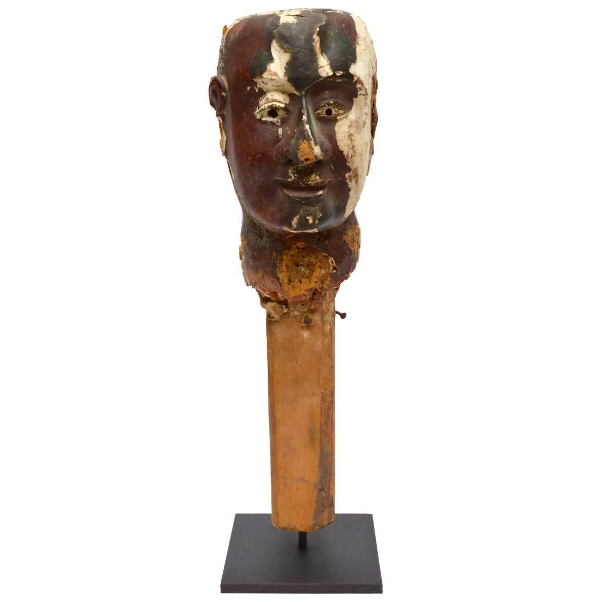 Folk Art Wood and Gesso Painted Head, Early 19th Century For Sale
