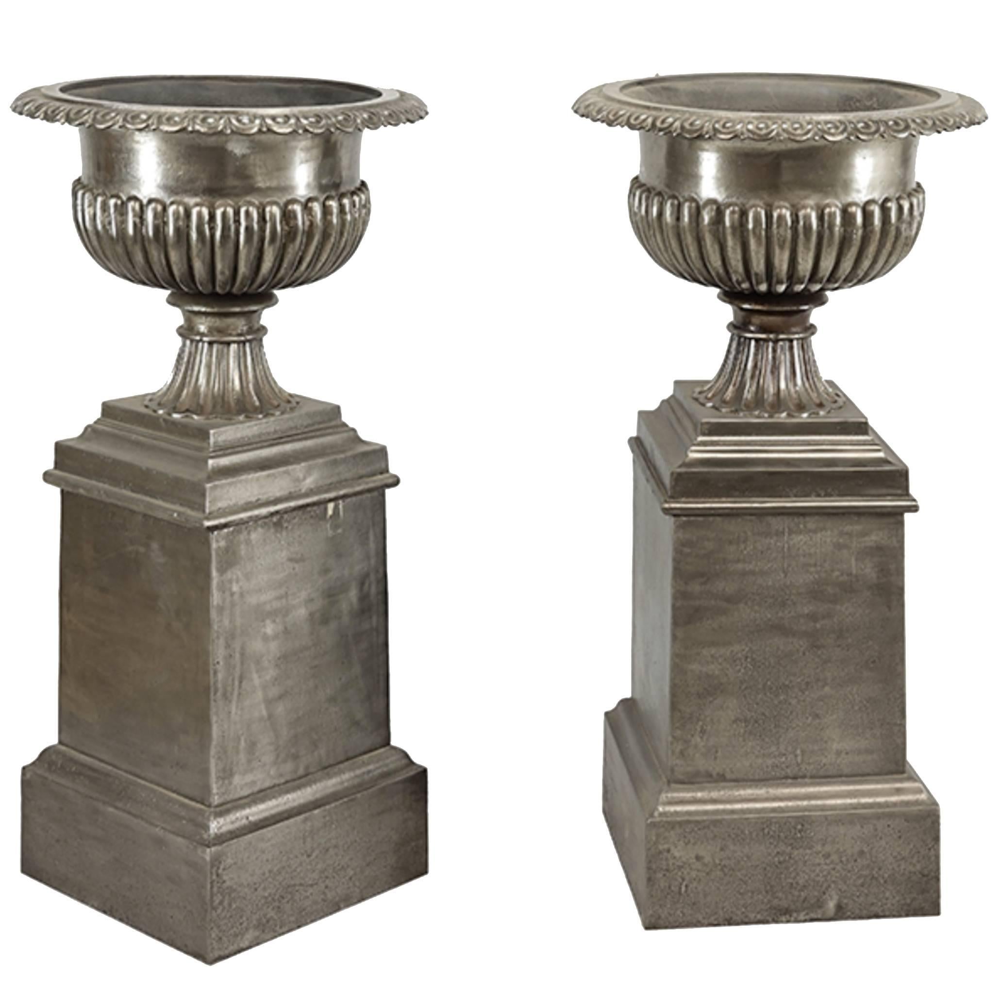 One Pair Very Stately 19th Century English Urns on Stands, Brushed Steel Finish For Sale
