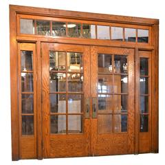Antique Beautiful Oak Double-Door Set with Transom and Sidelights