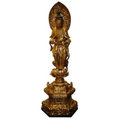 Fine Japanese God Giltwood Buddhisattva Standing on Lotus Base