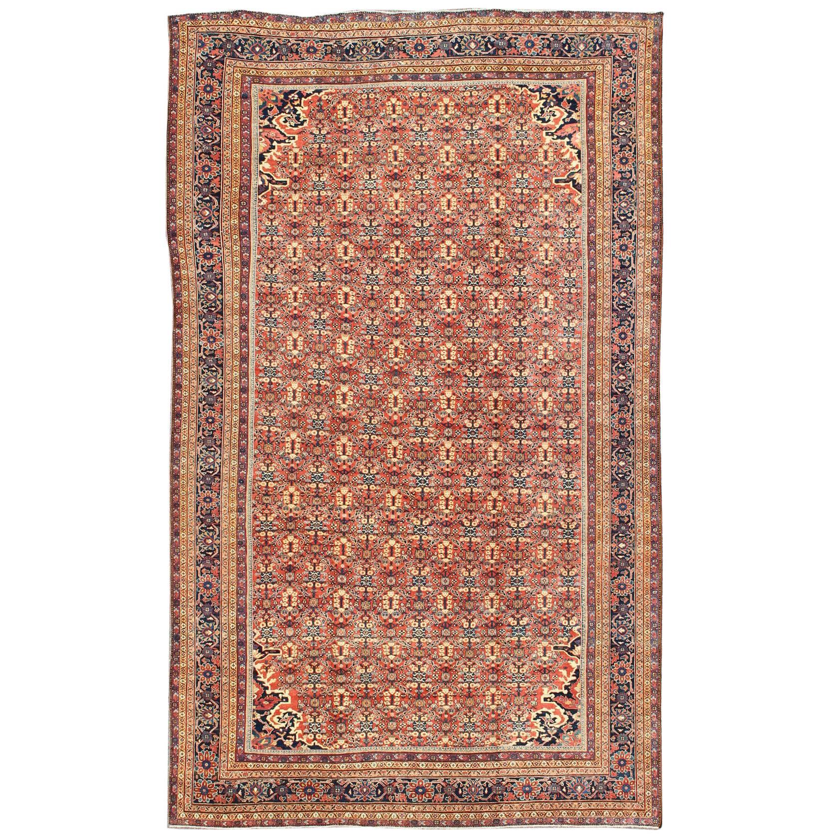 Antique Persian Sultanabad Rug with All Over Design in Rust Red, Blue and Cream