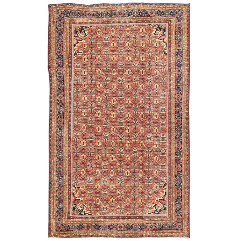 Antique Persian Sultanabad Rug with All Over Design in Soft Red, Blue