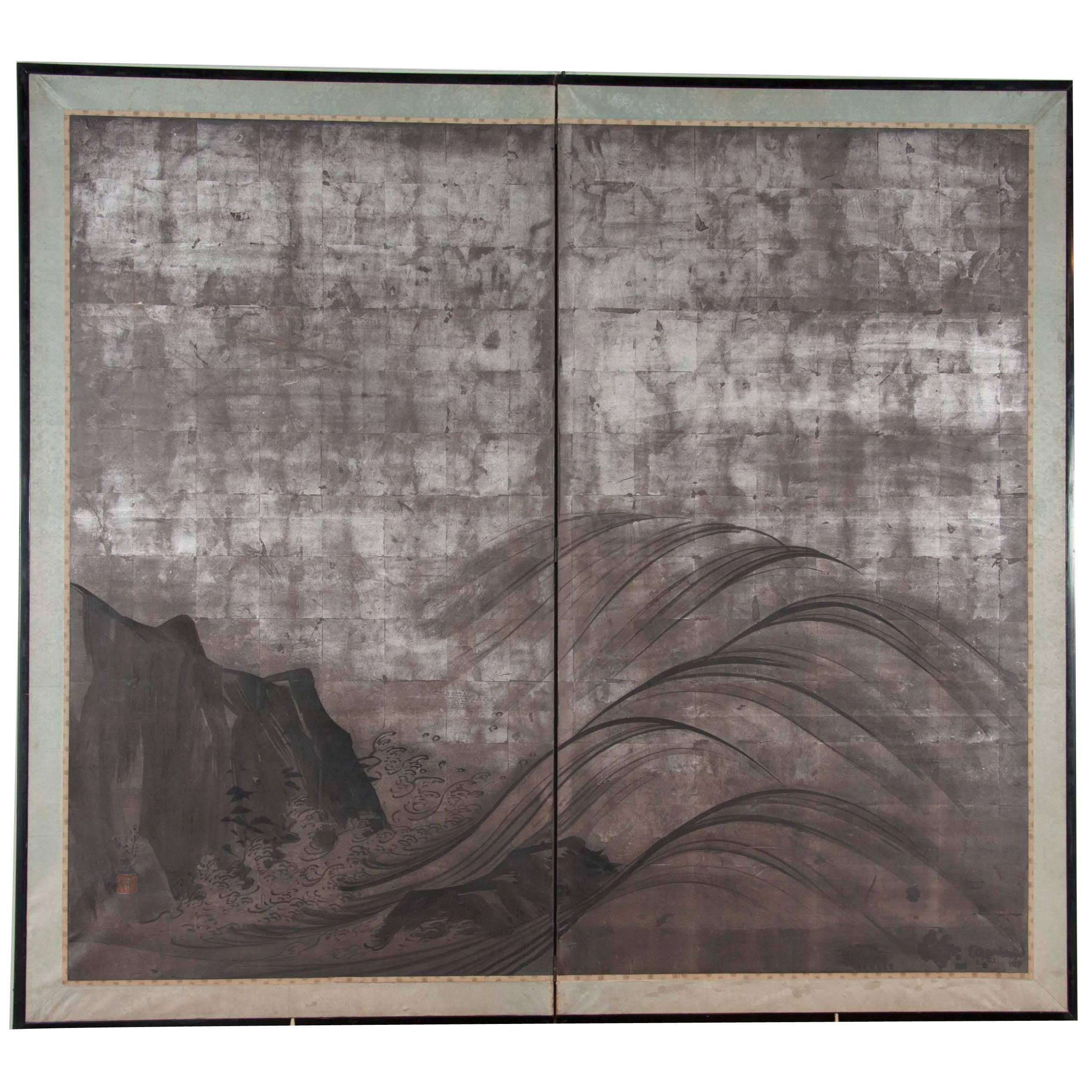 Japanese Two-Panel Screen from the Kano School Byobu