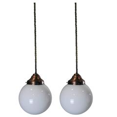 1950 Pair of Copper/Brass Milk Glass Pendant Lights