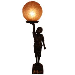 Bronze Art Deco Lamp Man Holding Glass Shade 7