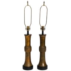 Pair of Asian Bronze Cylindrical Lamps