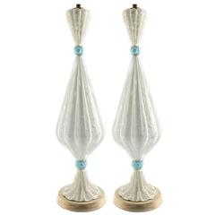 Pair of Cream and Gold Lamps with Turquoise Accents, style of Barovier & Toso