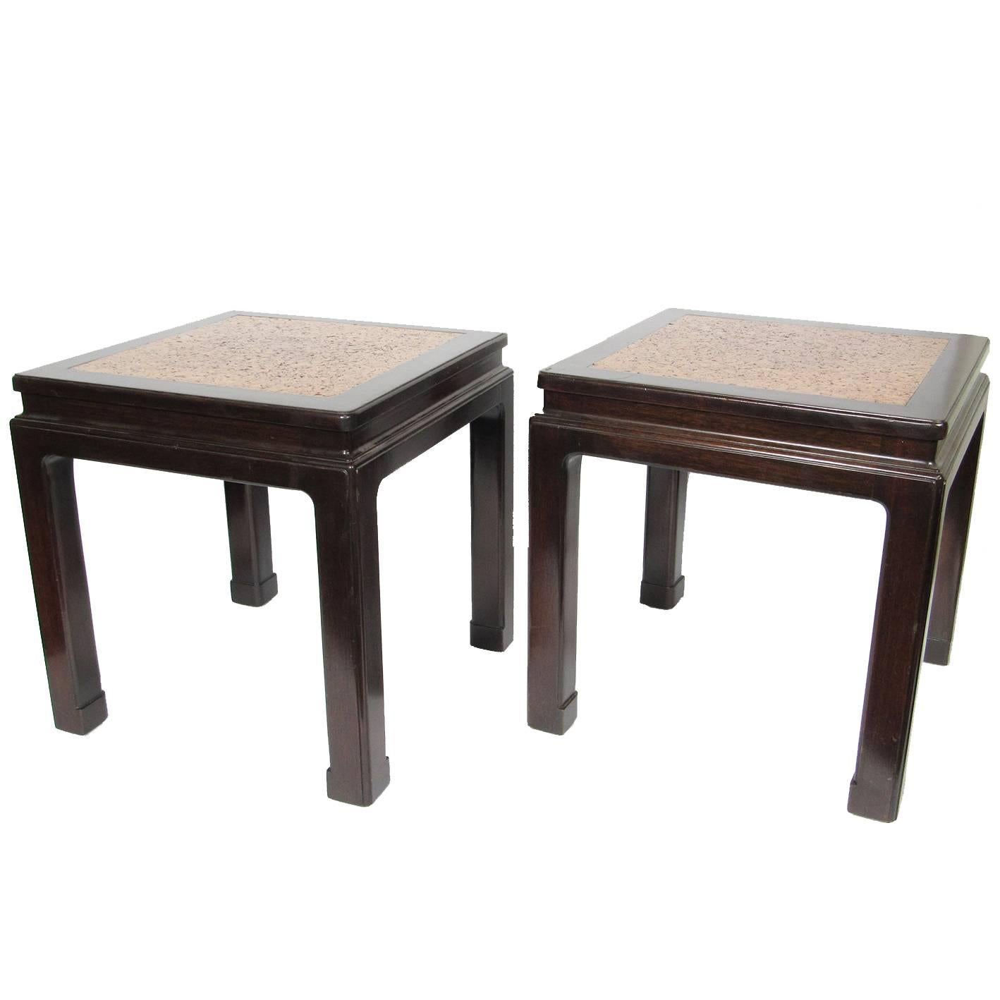 Pair of Mid-Century Dunbar Asian Inspired Side Tables with Cork Inlaid Tops For Sale
