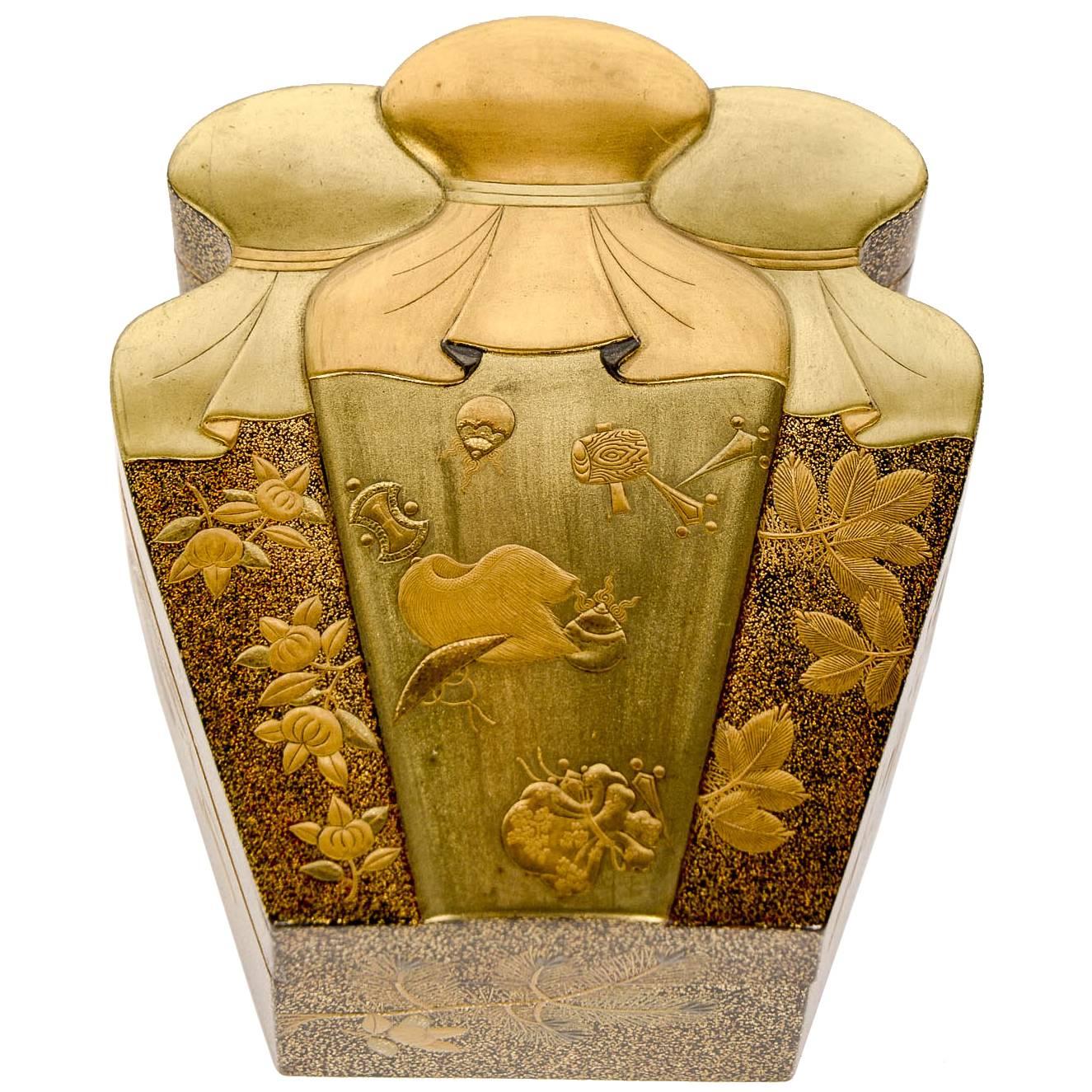 Meiji Japanese Gold Lacquered Treasure Bag Shape Kobako, Box For Sale