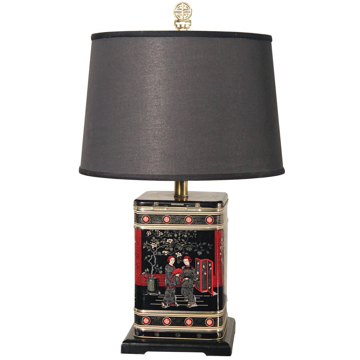 Vintage Chinoiserie Tea Tin Canister Table Lamp Black with Black Shade