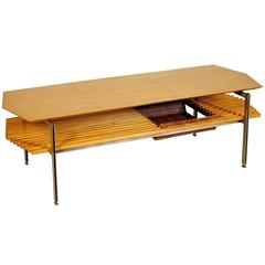 Coffee Table Mahogany Veneer Chromed Metal Vintage Manufactured in Italy, 1960s