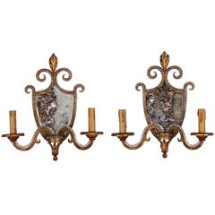 Pair of Vintage Mirrored Shield Back Sconces