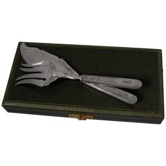 Puiforcat Französisch Sterling Silber Fisch Servers zwei Pieces Box Empire, Swan