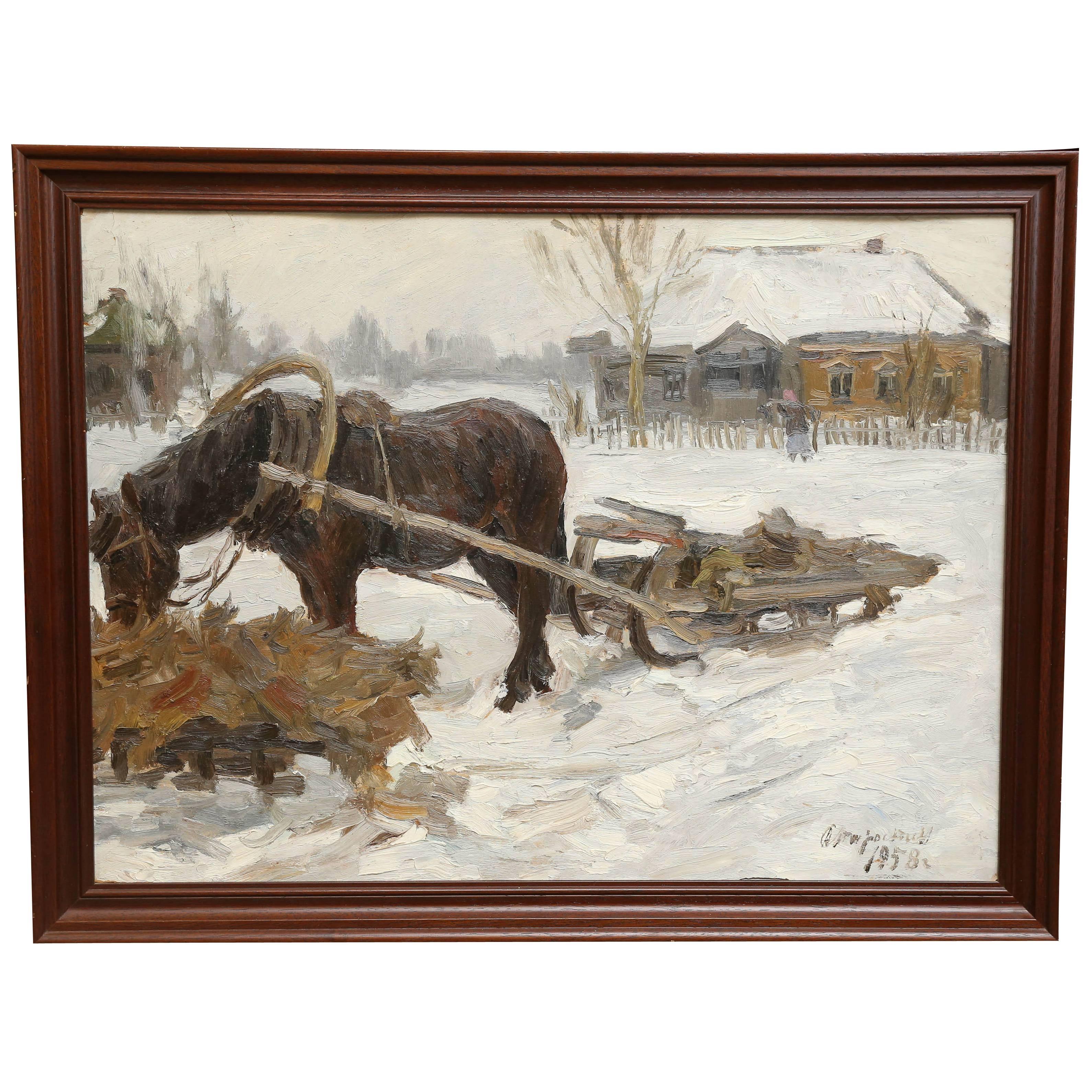 Starostin, Aleksey Mihaylovich Painting, "Winter. Horse is tired" For Sale